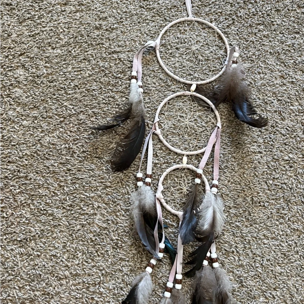 Boho Triple Hoop Dreamcatcher with Feathers - Neutral Tones